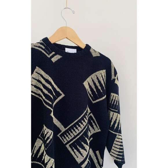 Vintage 90s Retro Ellen D Black & Gold Metallic Thread Geometric Sweater S/M - Picture 2 of 5